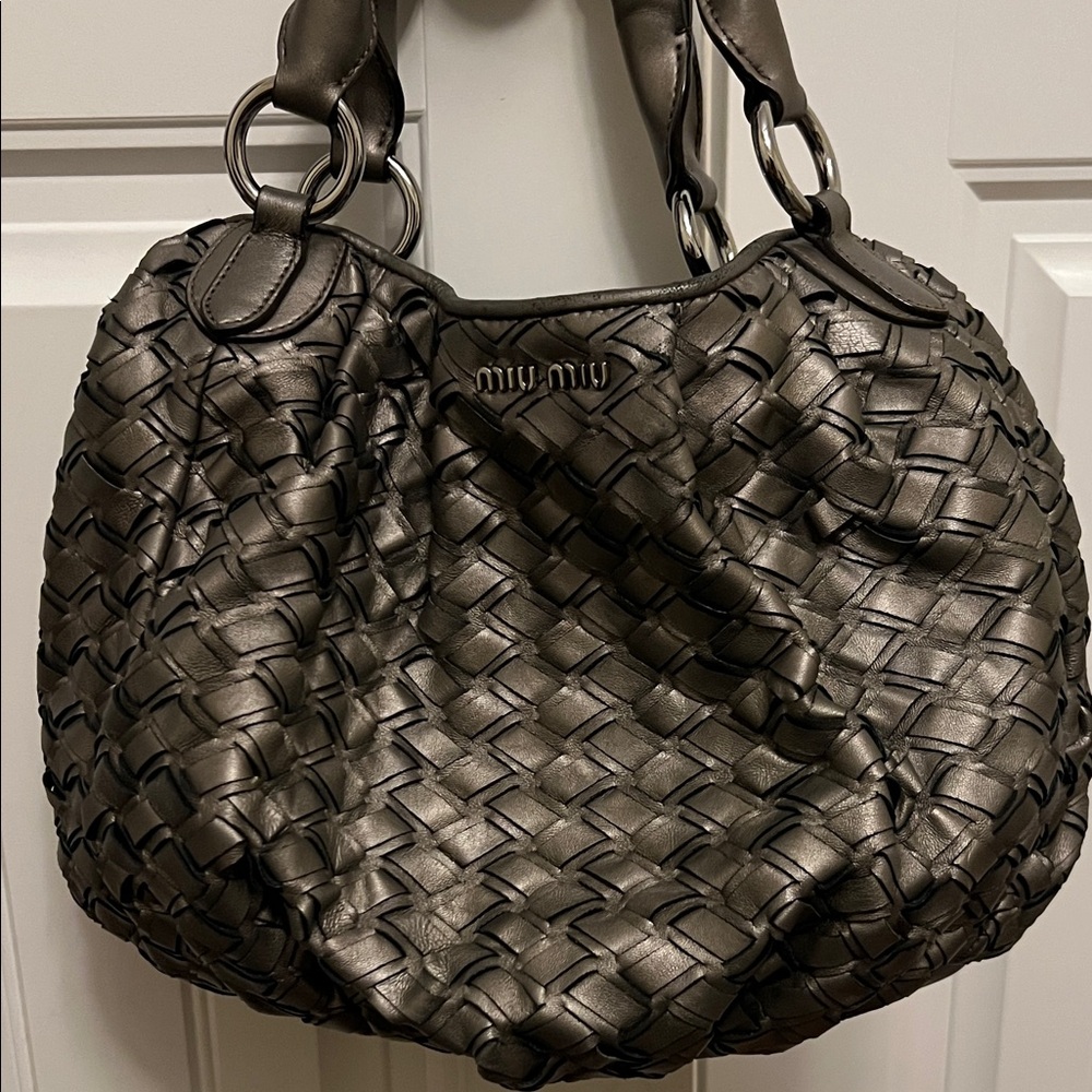 Miu Miu Dark Silver Woven Shoulder Bag